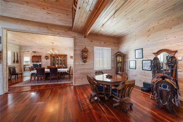 Chandelier, Dining room, Interior, Wooden Beams, Wooden Ceilings, Wood Texture Flooring, Wooden Walls