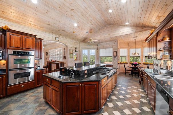 Dining room, Interior, Kitchen, Pendant Lights, Recessed Lighting, Stainless Steel Appliances, Wooden Ceilings
