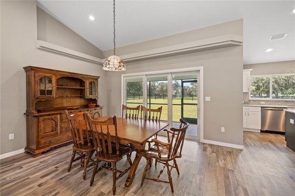 Dining room, Interior, Kitchen, Pendant Lights, Recessed Lighting, Wood Texture Flooring
