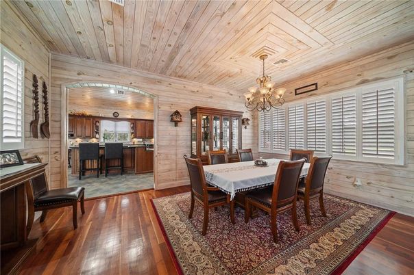 Chandelier, Dining room, Interior, Kitchen, Wooden Ceilings, Wood Texture Flooring, Wooden Walls
