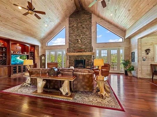 Fireplace, Interior, Living room, Recessed Lighting, Stone Walls, Wooden Beams, Wooden Ceilings, Wood Texture Flooring, Wooden Walls