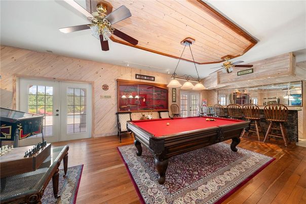 Billiard Table, Game Room, Interior, Pendant Lights, Wood Texture Flooring, Wooden Walls