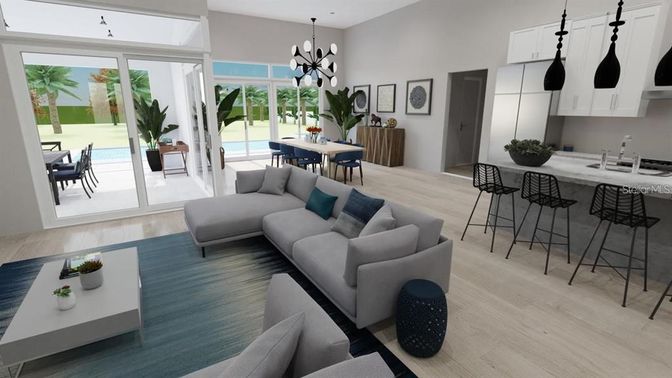 Dining room, Interior, Kitchen, Living room, Pendant Lights, Wood Texture Flooring