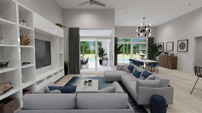 Dining room, Interior, Living room, Pendant Lights, Recessed Lighting, Wood Texture Flooring