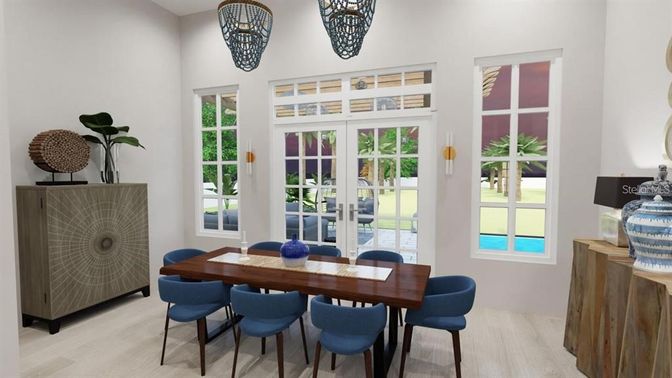 Dining room, Interior, Pendant Lights, Wood Texture Flooring