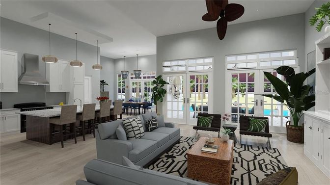 Dining room, Interior, Kitchen, Living room, Pendant Lights, Recessed Lighting, Wood Texture Flooring
