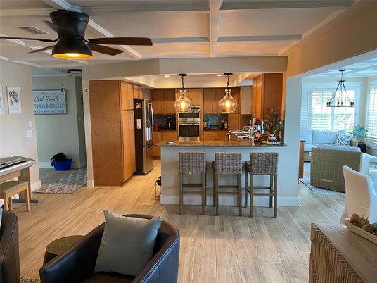 Interior, Kitchen, Living room, Pendant Lights, Stainless Steel Appliances, Wood Texture Flooring