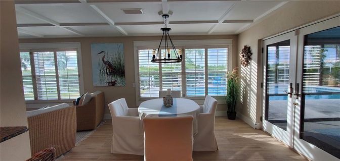 Dining room, Interior, Pendant Lights, Wood Texture Flooring
