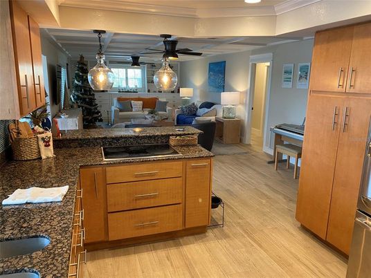 Interior, Kitchen, Living room, Pendant Lights, Wood Texture Flooring