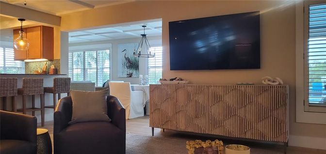 Dining room, Interior, Kitchen, Living room, Pendant Lights, Wood Texture Flooring