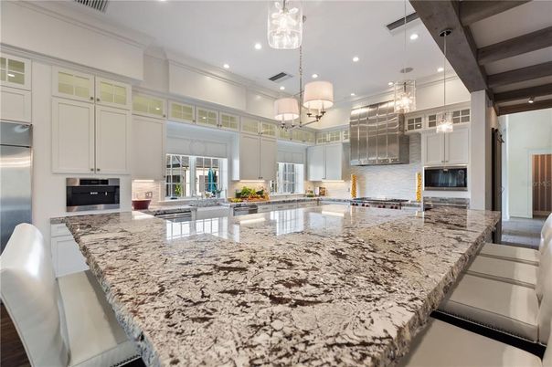 Chandelier, Interior, Kitchen, Pendant Lights, Recessed Lighting, Stainless Steel Appliances, Wooden Beams