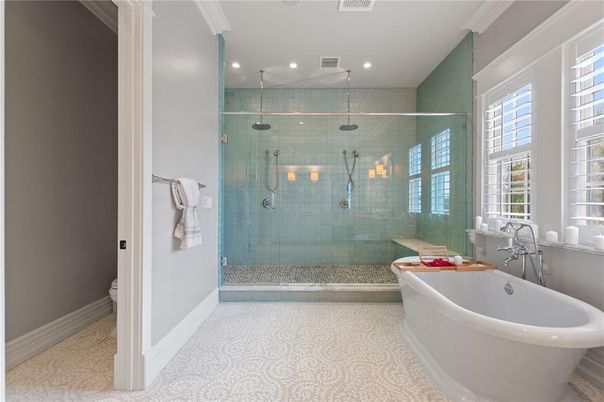 Bathroom, Free Standing Baths, Glass Shower, Interior, Recessed Lighting