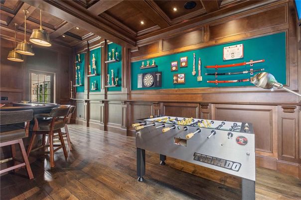 Game Room, Interior, Pendant Lights, Recessed Lighting, Wooden Beams, Wood Texture Flooring