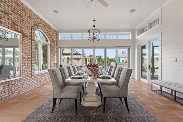 Chandelier, Dining room, Interior, Pendant Lights, Stone Walls, Wood Texture Flooring
