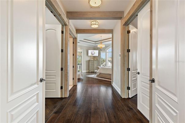Bedroom, Interior, Pendant Lights, Wooden Beams, Wood Texture Flooring