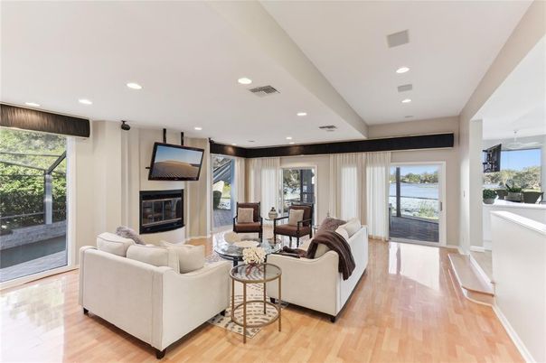 Fireplace, Interior, Living room, Recessed Lighting, Wood Texture Flooring