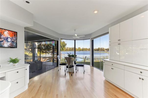 Dining room, Interior, Recessed Lighting, Water, Wood Texture Flooring