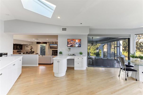 Dining room, Fireplace, Interior, Kitchen, Living room, Pendant Lights, Recessed Lighting, Wood Texture Flooring