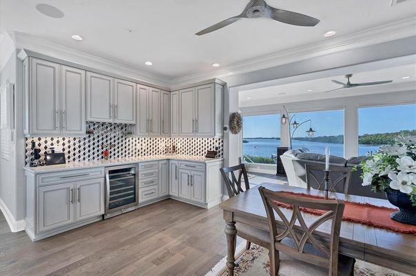 Dining room, Interior, Kitchen, Recessed Lighting, Water, Wood Texture Flooring
