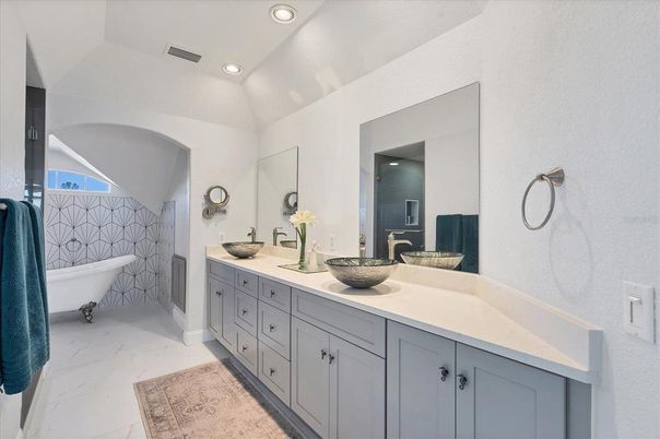 Bathroom, Dual Sink Vanities, Free Standing Baths, Interior, Marble, Recessed Lighting
