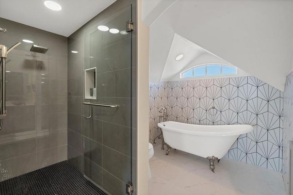 Bathroom, Free Standing Baths, Glass Shower, Interior, Marble, Recessed Lighting