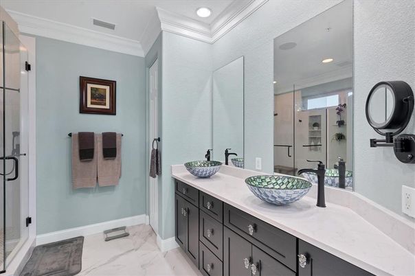Bathroom, Dual Sink Vanities, Glass Shower, Interior, Marble, Recessed Lighting