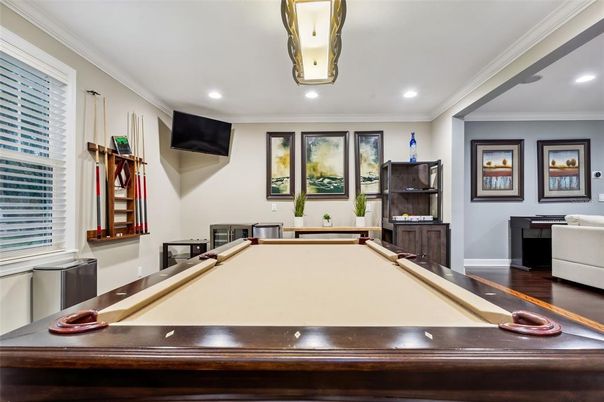 Billiard Table, Game Room, Interior, Recessed Lighting, Wood Texture Flooring