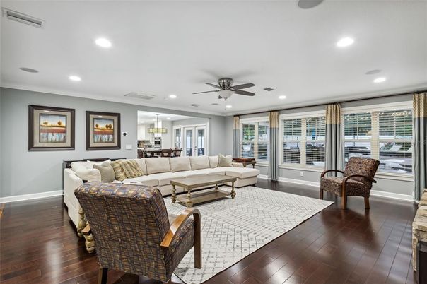 Dining room, Interior, Living room, Pendant Lights, Recessed Lighting, Wood Texture Flooring