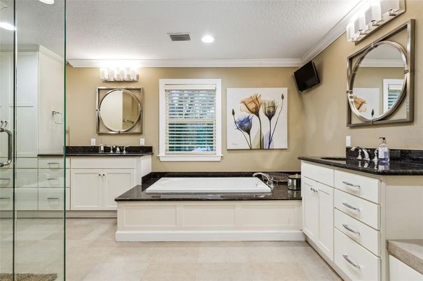 Bathroom, Dual Sink Vanities, Glass Shower, Interior, Recessed Lighting