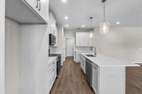 Interior, Kitchen, Pendant Lights, Recessed Lighting, Stainless Steel Appliances, Wood Texture Flooring