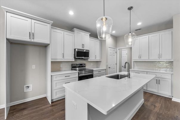 Interior, Kitchen, Pendant Lights, Recessed Lighting, Stainless Steel Appliances, Wood Texture Flooring