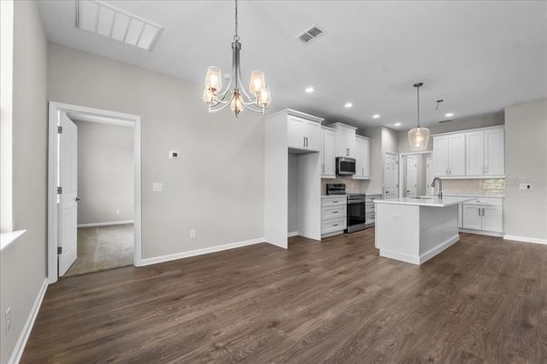 Interior, Kitchen, Pendant Lights, Recessed Lighting, Stainless Steel Appliances, Wood Texture Flooring