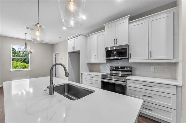 Chandelier, Interior, Kitchen, Pendant Lights, Recessed Lighting, Stainless Steel Appliances