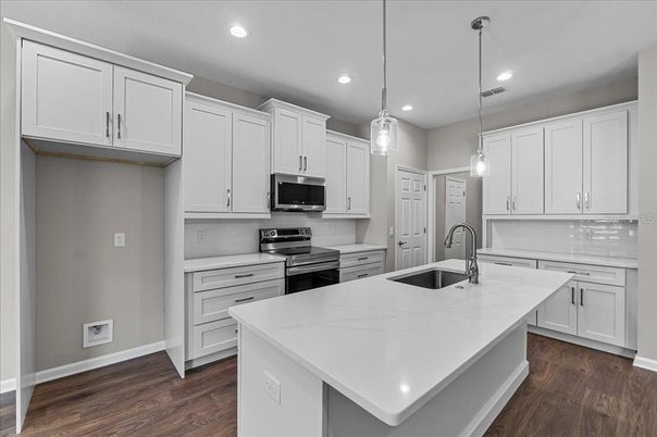 Interior, Kitchen, Pendant Lights, Recessed Lighting, Stainless Steel Appliances, Wood Texture Flooring