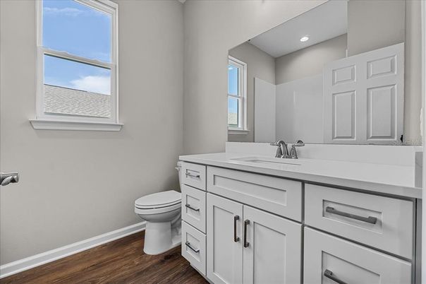 Bathroom, Interior, Recessed Lighting, Wood Texture Flooring