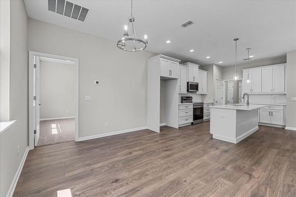 Interior, Kitchen, Pendant Lights, Recessed Lighting, Stainless Steel Appliances, Wood Texture Flooring