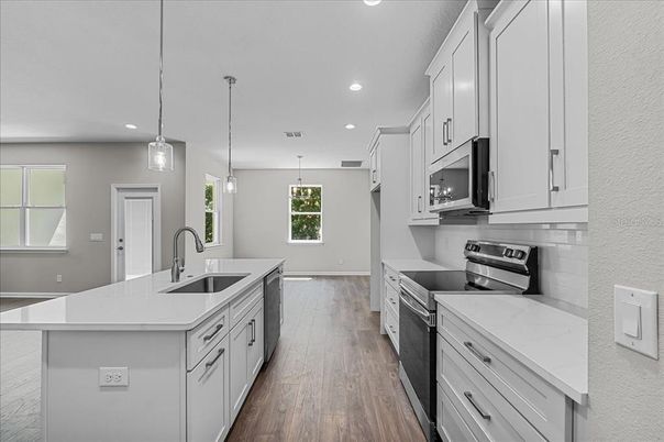Interior, Kitchen, Pendant Lights, Recessed Lighting, Stainless Steel Appliances, Wood Texture Flooring