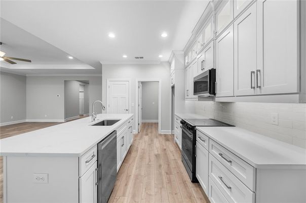 Interior, Kitchen, Recessed Lighting, Wood Texture Flooring