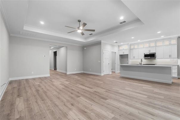 Empty room, Interior, Kitchen, Recessed Lighting, Wood Texture Flooring