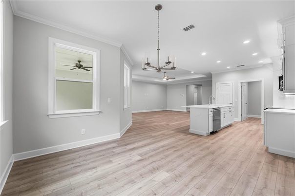 Interior, Kitchen, Pendant Lights, Recessed Lighting, Wood Texture Flooring