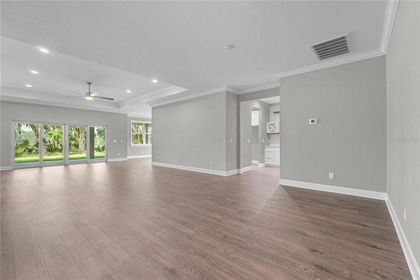 Empty room, Interior, Recessed Lighting, Wood Texture Flooring