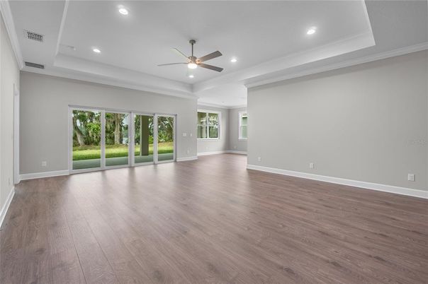 Empty room, Interior, Recessed Lighting, Wood Texture Flooring