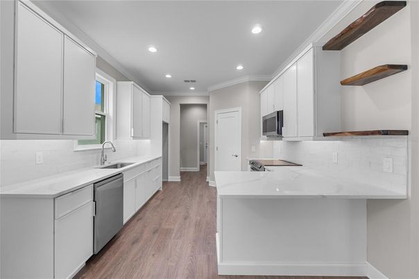 Interior, Kitchen, Recessed Lighting, Stainless Steel Appliances, Wood Texture Flooring