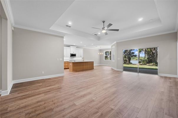 Empty room, Interior, Kitchen, Recessed Lighting, Wood Texture Flooring