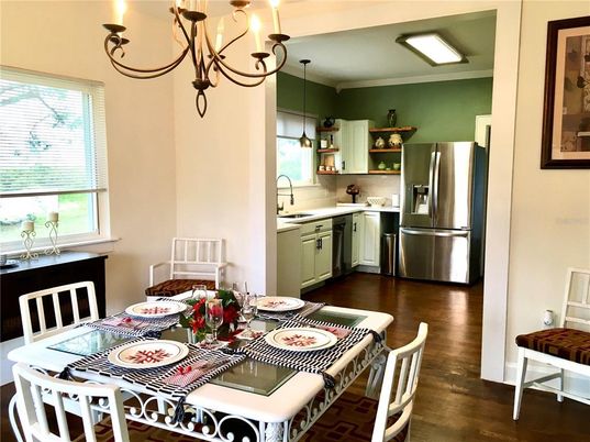 Dining room, Interior, Kitchen, Pendant Lights, Wood Texture Flooring