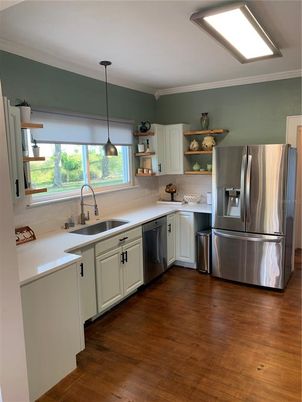 Interior, Kitchen, Pendant Lights, Stainless Steel Appliances, Wood Texture Flooring
