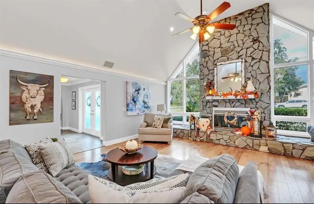 Fireplace, Interior, Living room, Stone Walls, Wood Texture Flooring