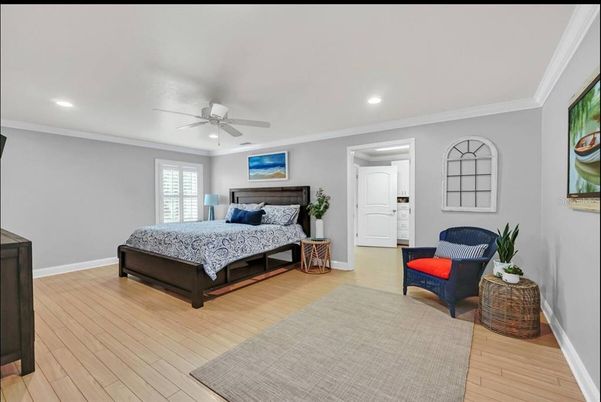 Bedroom, Interior, Recessed Lighting, Wood Texture Flooring