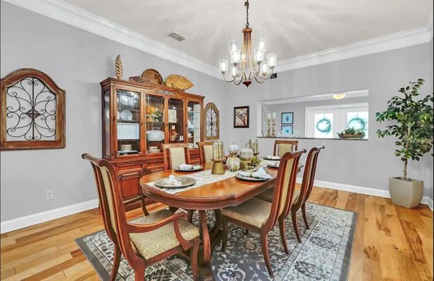 Chandelier, Dining room, Interior, Wood Texture Flooring
