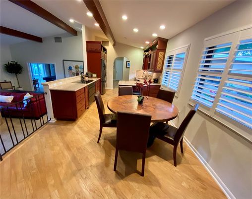 Dining room, Interior, Kitchen, Recessed Lighting, Wooden Beams, Wood Texture Flooring